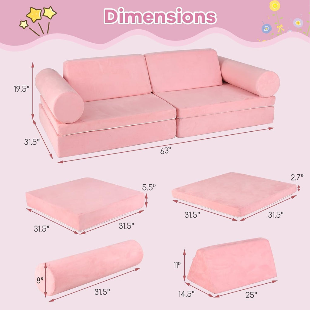 Costzon 8 Pcs Modular Kids Play Couch, Toddler Sectional Sofa Chair, Convertible Baby Pink Sofa & Floor Cushion, Bedroom & Playroom Furniture for Building Fort Gift for Boys Girls 3+ (Pink)
