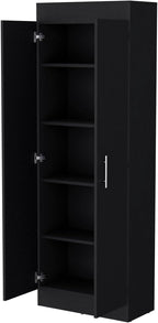 23.6" D*11.9" W*66.8" H Freestanding Kitchen Pantry with 4 Shelves, Double Door, Rectangular Wood Storage Cabinet, Traditional, for Living Room, Dining Room, Black