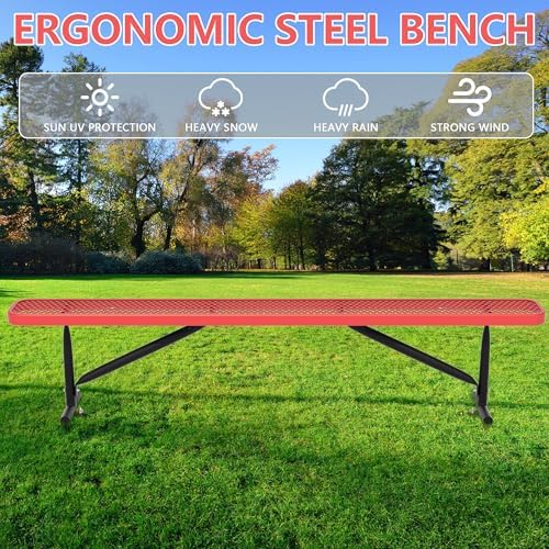 8 Feet Outdoor Steel Bench, Red Heavy Duty Metal Park Bench for Outside, Weatherproof Dock Bench, 96" L Commercial Benches Mesh Bench for Shopping Mall, Store, Lawn, Park, Patio, Deck, Garden