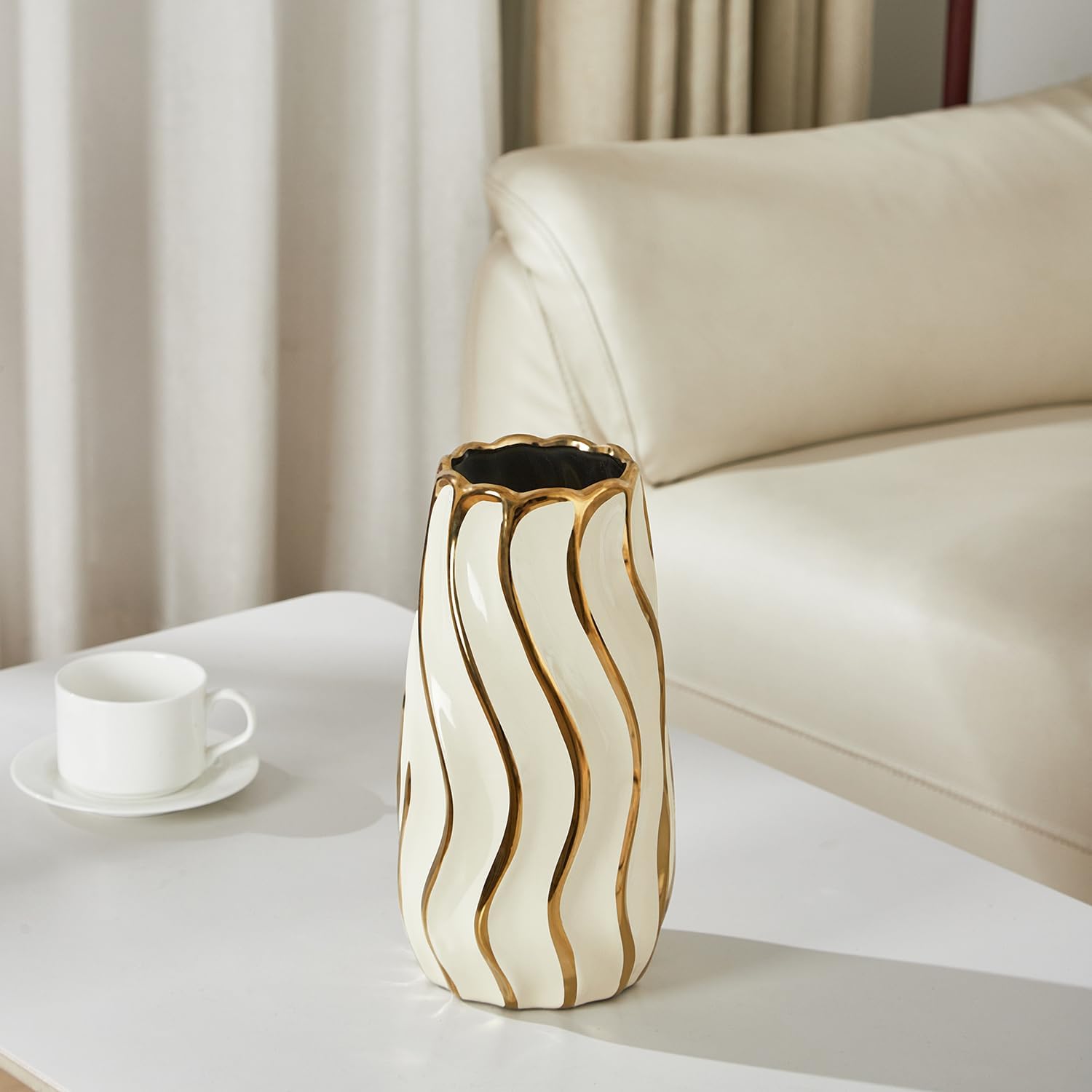 Ceramic Vase for Home Decor,Decorative Flower Vase, Vertical Stripe Ceramic Vases for Home Décor, Bedroom, Office, Living Room, Bathroom, Tabletop Decor, Centerpiece Table Decorations (Cream)