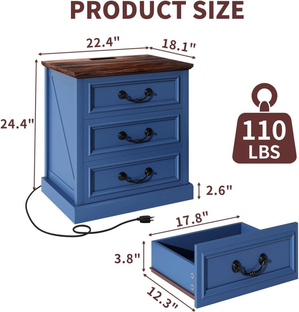 Vipbear Nightstand with Charging Station Set of 2, 22.4" Wide Farmhouse End Table, 3 Drawers for Bedroom, Wood Bedside Table with USB-C & AC Outlets, Side Tables for Living Room, Blue