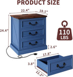 Vipbear Nightstand with Charging Station Set of 2, 22.4" Wide Farmhouse End Table, 3 Drawers for Bedroom, Wood Bedside Table with USB-C & AC Outlets, Side Tables for Living Room, Blue