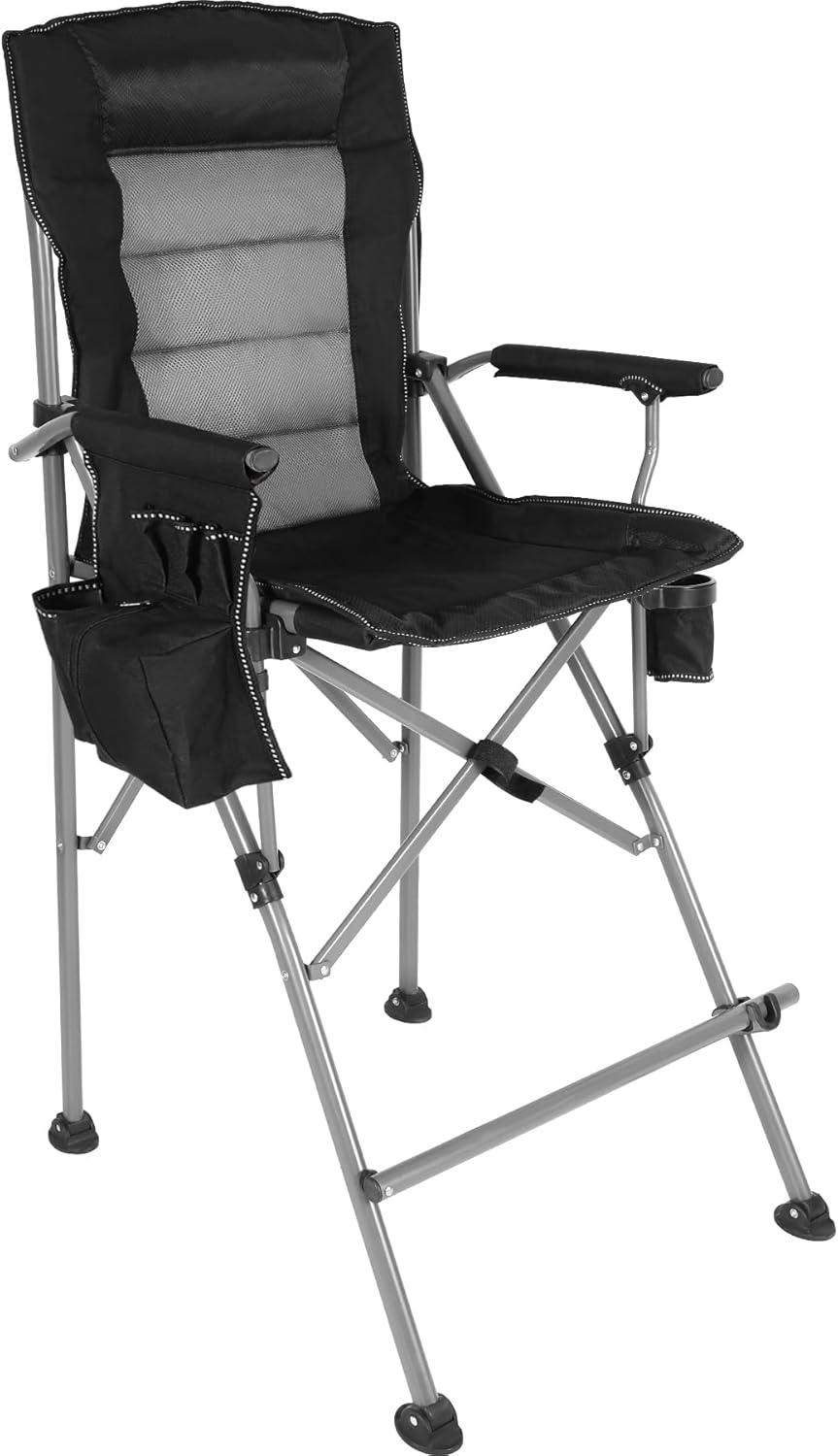 Extra Tall Camping Chairs for Adults 330lbs, Tall Lawn Chairs Portable Bar Height Foldable Director Chairs for Camping Outside, Comfortable with Makeup Pocket and Footrest, Black