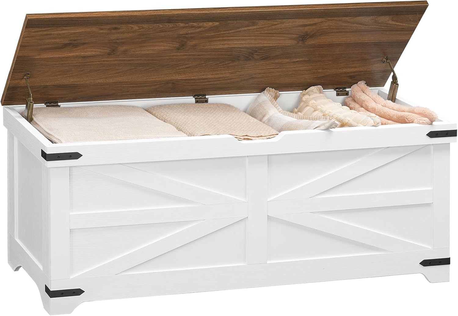 MAHANCRIS Large Toy Chest, 47.2" Wooden Toy Box with 2 Safety Hinges, Farmhouse Style Storage Bench, Blanket Storage Chest for Living Room, Entryway, Bedroom, White+Walnut SCBZ18601