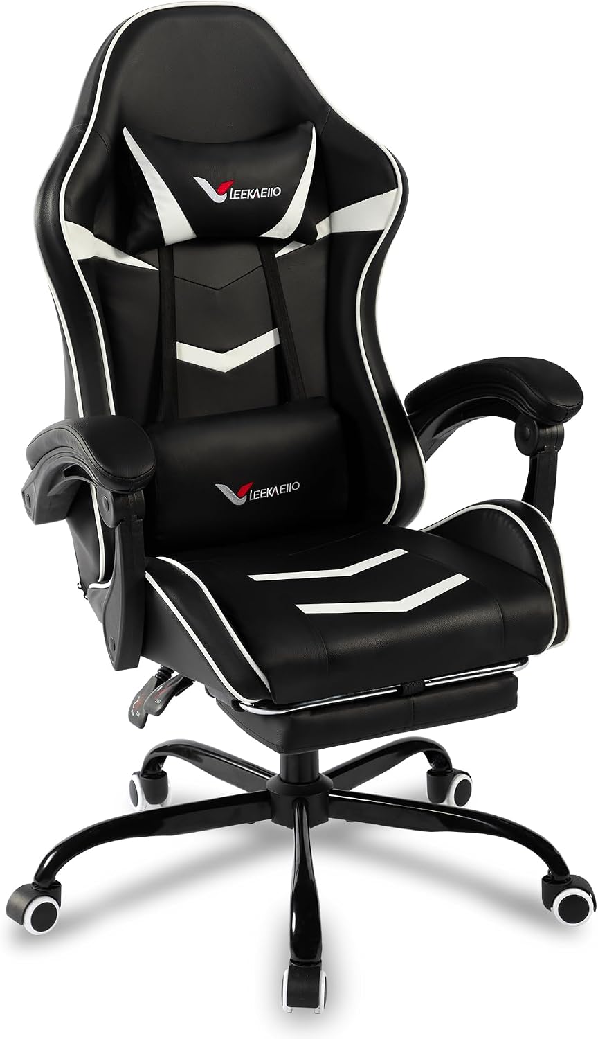 Gaming Chair for Adults, Ergonomic Gamer Chair with Footrest, Spring Pocket Cushion, Computer Office Desk Gaming Chair with Enlarged Metal Base, Linkage Armrests, Lumbar & Headrest (Black & White)