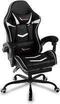 Gaming Chair for Adults, Ergonomic Gamer Chair with Footrest, Spring Pocket Cushion, Computer Office Desk Gaming Chair with Enlarged Metal Base, Linkage Armrests, Lumbar & Headrest (Black & White)