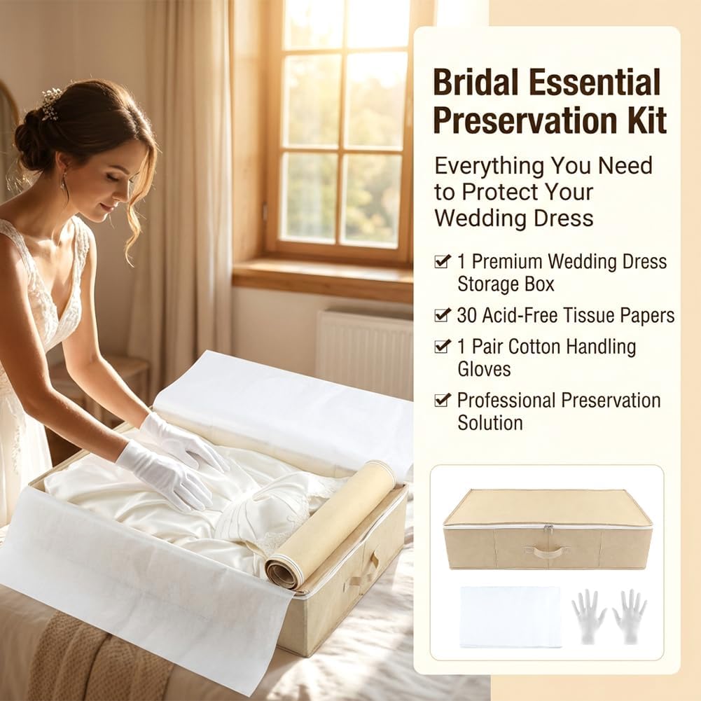 Wedding Dress Storage Box with 30 Acid-Free Paper and Microfiber Gloves, Large Wedding Dress Preservation Box Beige Storage Boxs for Weddingdress Heirlooms Gowns