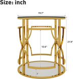 Polibi 19.7" Round Gold Metal End Table with Tempered Glass Top & 2-Tier Shelf, Luxury Side Table for Living Room, Bedroom, Small Apartment, Office (Transparent)