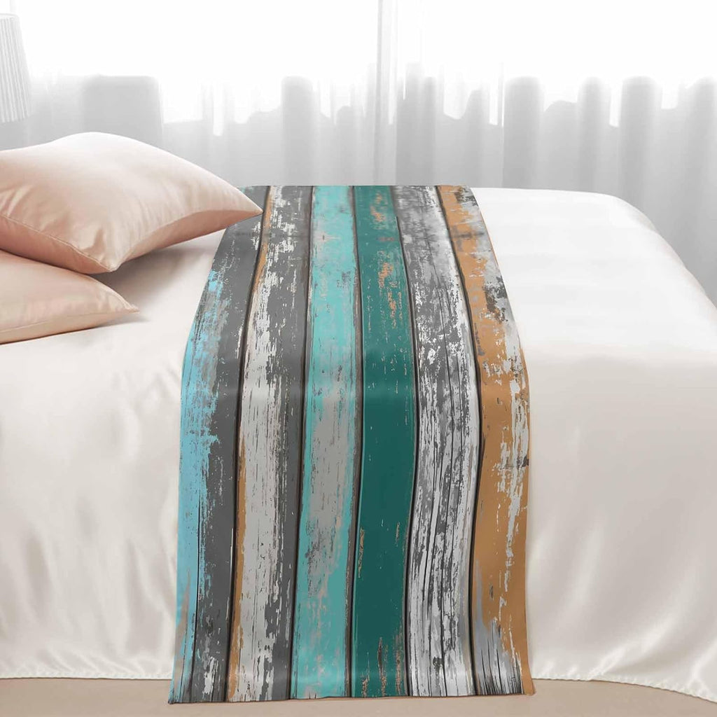 Teal Orange Grey Bed Runners for Queen Size Beds, Decorative Bed Throws for Foot of Beds, Luxury Bedding Protector Slipcover Farmhouse Vintage Wooden Bedrunners & Scarves for Bedroom Hotel, 94"x20"