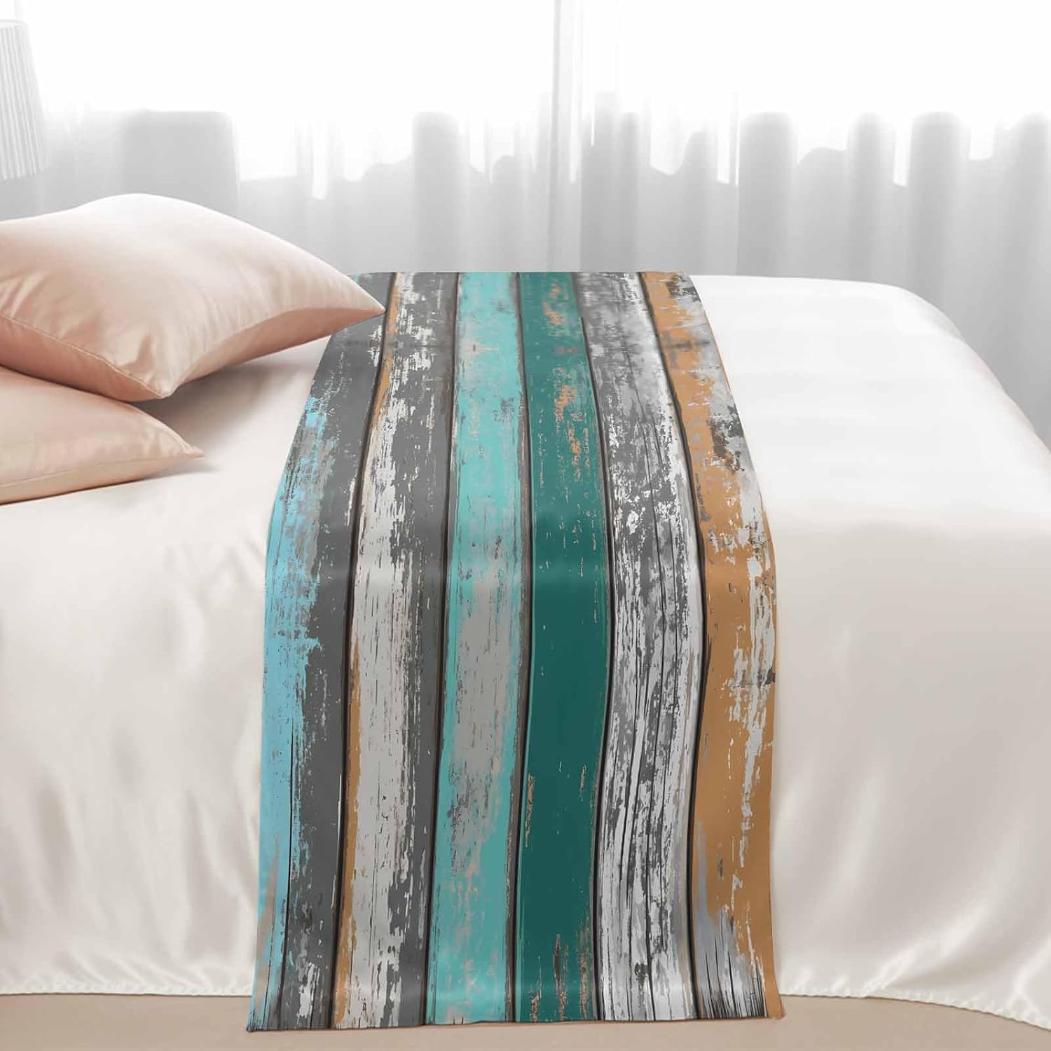 Teal Orange Grey Bed Runners for Queen Size Beds, Decorative Bed Throws for Foot of Beds, Luxury Bedding Protector Slipcover Farmhouse Vintage Wooden Bedrunners & Scarves for Bedroom Hotel, 94"x20"
