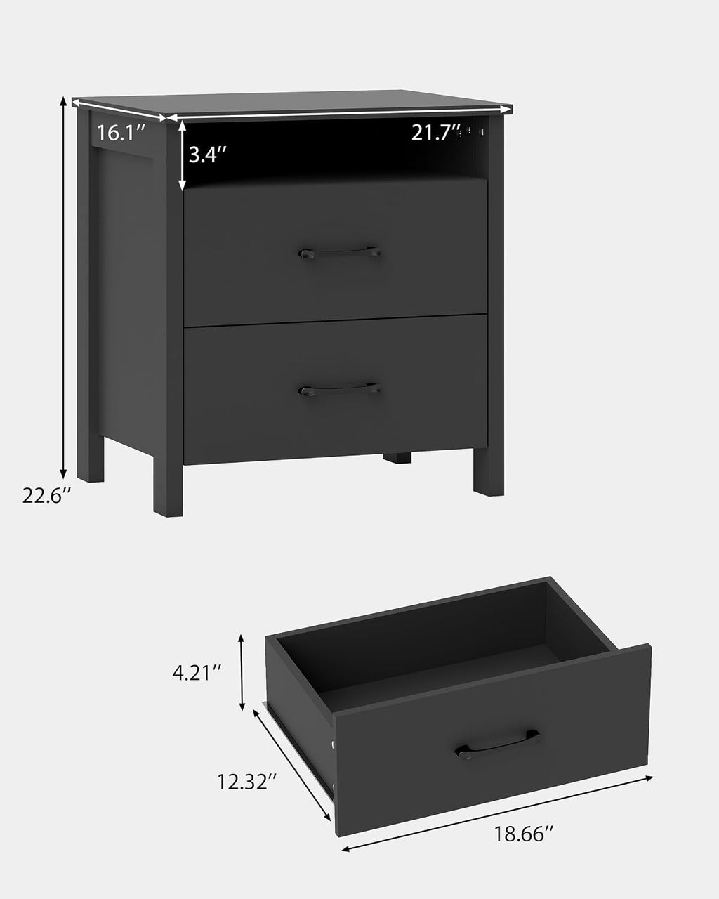 Nightstand Set of 2, Rustic Bedside Table with 2 Storage Drawers | Farmhouse Nightstand Set of 2, Wood End Table with Open Shelf, Side Table for Bedroom, Black