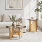 ACEDÉCOR Round Side Table, Solid Wood End Table with Brushed Gold Metal Tray Top, Modern Side Table for Living Room Bedroom Small Space