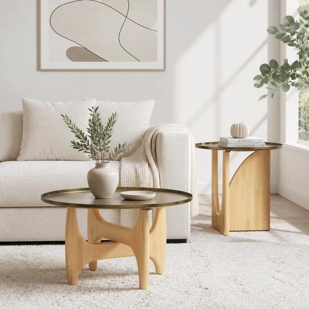 ACEDÉCOR Round Side Table, Solid Wood End Table with Brushed Gold Metal Tray Top, Modern Side Table for Living Room Bedroom Small Space