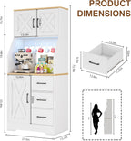 DreamDashio Pantry Cabinet with Adjustable Shelves and 3 Drawers, Tall Kitchen Pantry Storage Cabinet with LED Light & Charging Station, Kitchen Hutch with Microwave Shelf & 6 Hooks for Dining Room
