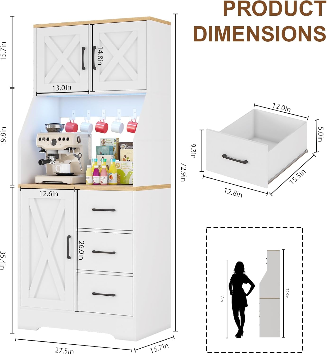DreamDashio Pantry Cabinet with Adjustable Shelves and 3 Drawers, Tall Kitchen Pantry Storage Cabinet with LED Light & Charging Station, Kitchen Hutch with Microwave Shelf & 6 Hooks for Dining Room