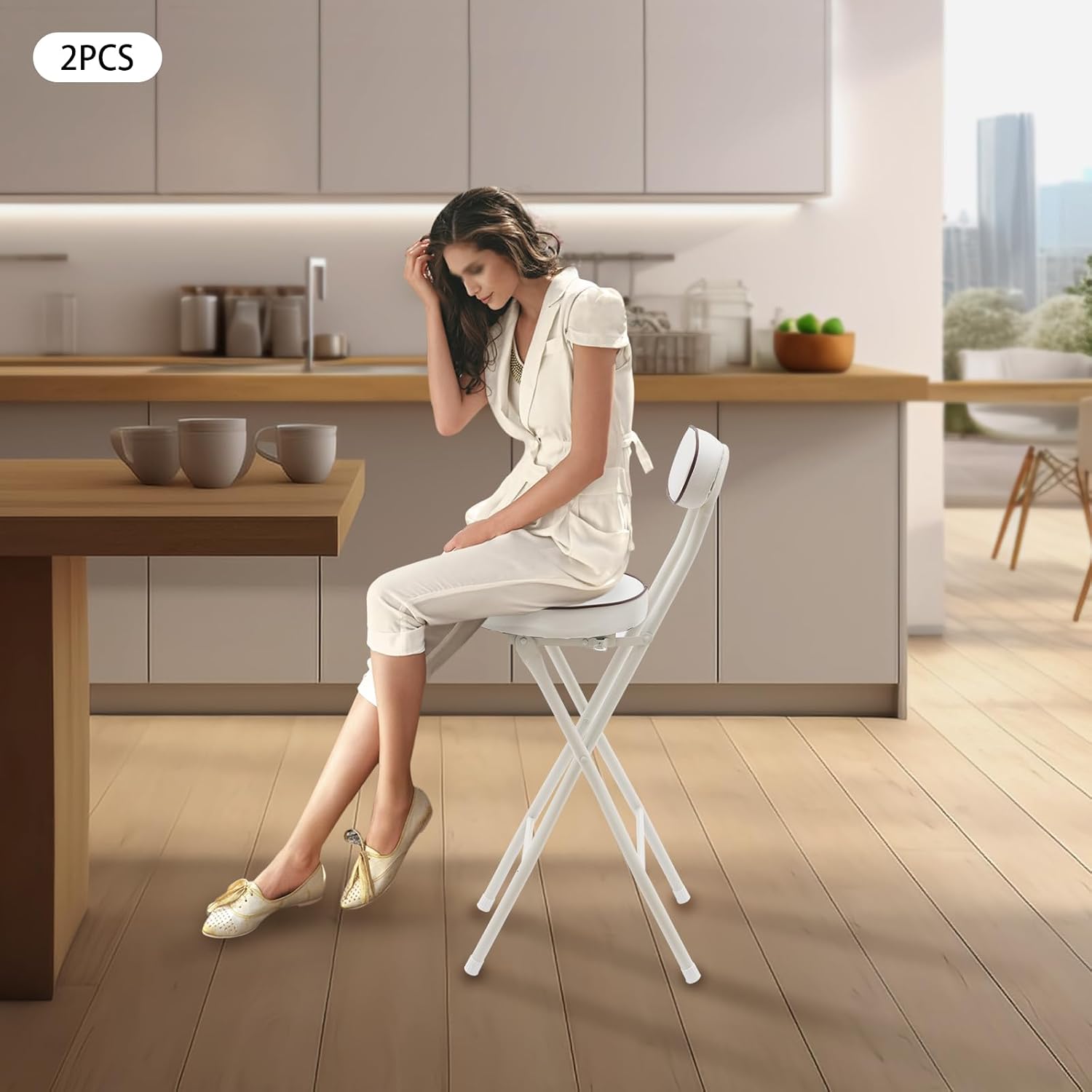 Folding Bar Stool with Back, 2 Pack Backest Tall Foldable Stool har with Cushioned Padded Portble Collasible Counter Height Chai for Kitchen Island Shop Cafe Dining Room (White)