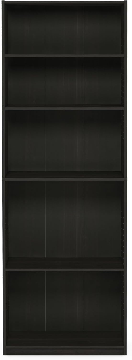 Furinno Jaya Book Shelf, 5-Tier Bookshelf, Tall Standing Bookcase with Adjustable Shelves, 9.5 x 24.5 x 71.2, for Living Room, Bedroom, Home Office, Black Espresso