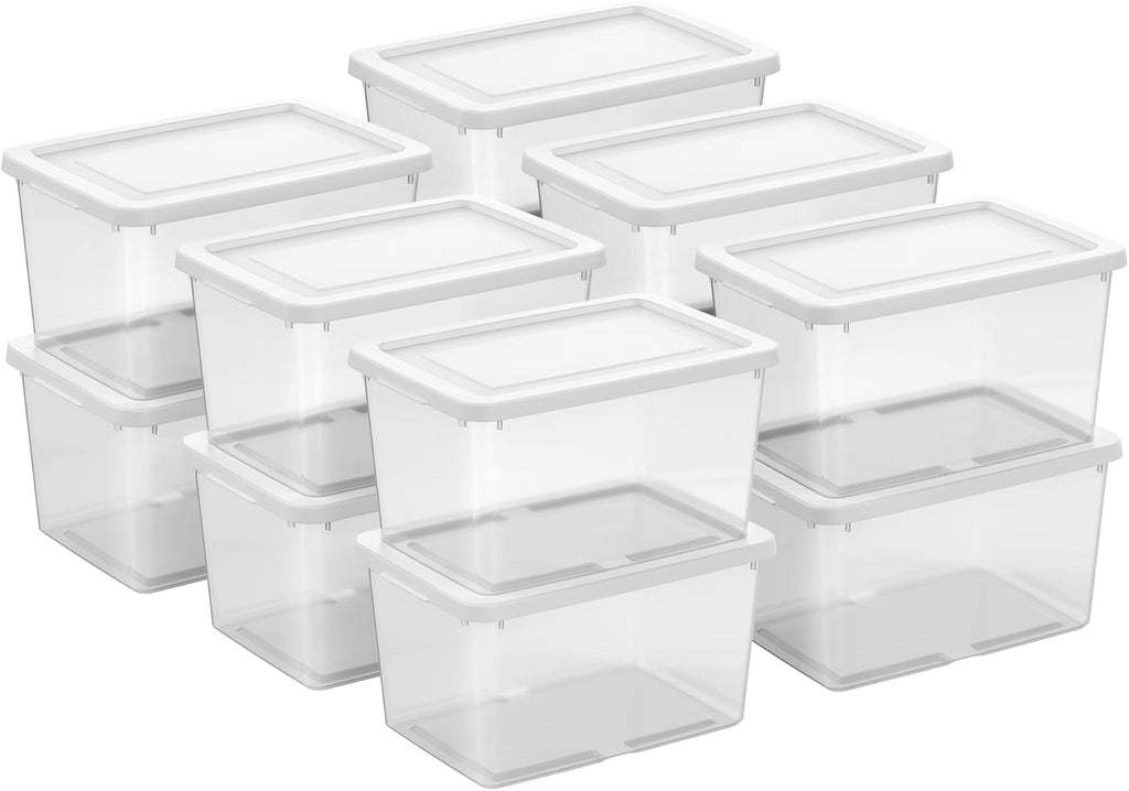 Sterilite 12 Pack Storage Boxes, Clear Plastic Stackable Containers, Lightweight Home Organizers with Snap Lids, 20 Quart, White