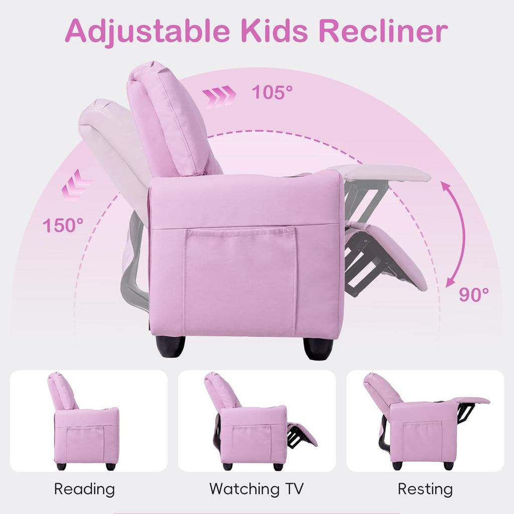 Olakids Kids Recliner, Double Toddler Lounge Chair with 105° to 150° Adjustable Backrest Cup Holder Footrest Side Pockets, PU Leather Children Couch (Pink)