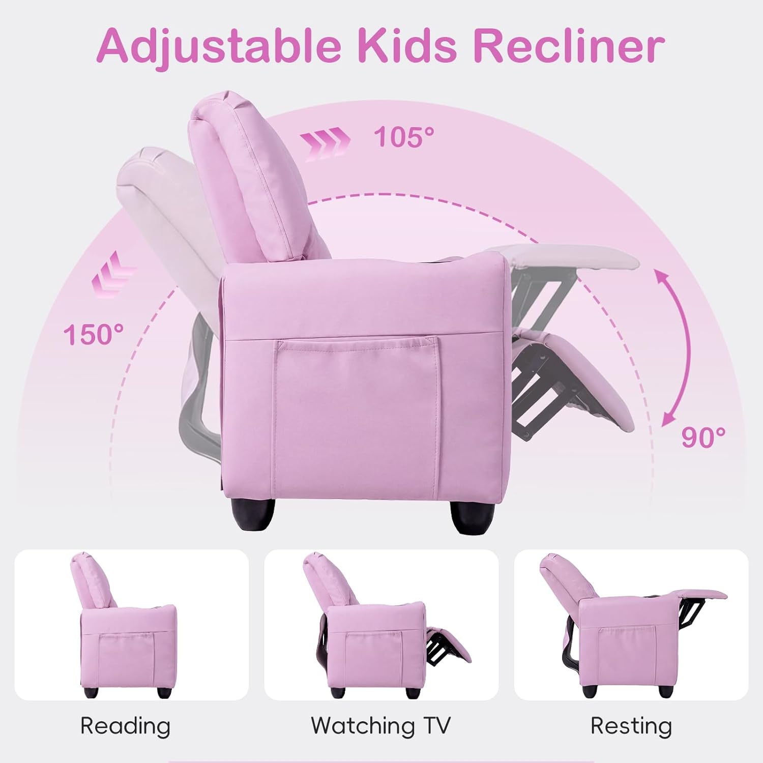 Olakids Kids Recliner, Double Toddler Lounge Chair with 105° to 150° Adjustable Backrest Cup Holder Footrest Side Pockets, PU Leather Children Couch (Pink)