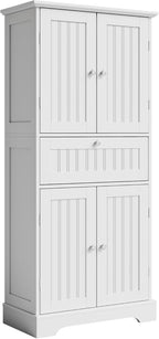 ChooChoo 51" H Tall Bathroom Floor Cabinet, Modern Bathroom Storage Cabinet with Drawer and Adjustable Shelves, Freestanding Kitchen Pantry Cupboard with 4 Doors for Living Room, White