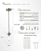 EAPUDUN Pendant Light (2 Packs), Kitchen Ceiling Hanging Light, Adjustable Height, Kitchen Light Fixtures Brushed Nickel Pendant Lights, Farmhouse Pendant Lighting for Sink Island, Home Décor Lighting