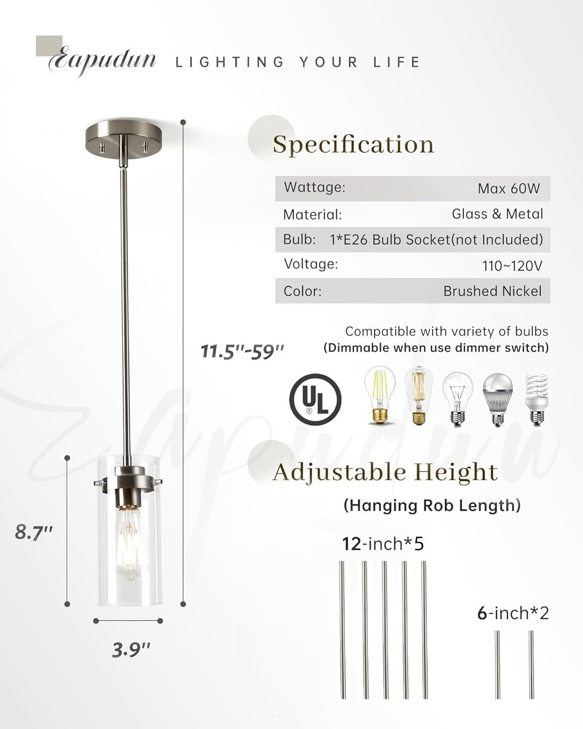 EAPUDUN Pendant Light (2 Packs), Kitchen Ceiling Hanging Light, Adjustable Height, Kitchen Light Fixtures Brushed Nickel Pendant Lights, Farmhouse Pendant Lighting for Sink Island, Home Décor Lighting
