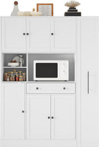 Farmhouse Freestanding Kitchen Pantry with Pull-Out Side Cabinet, Door Shelves and Drawer, Large Buffet Sideboard Cupboard for Dining Room (White)