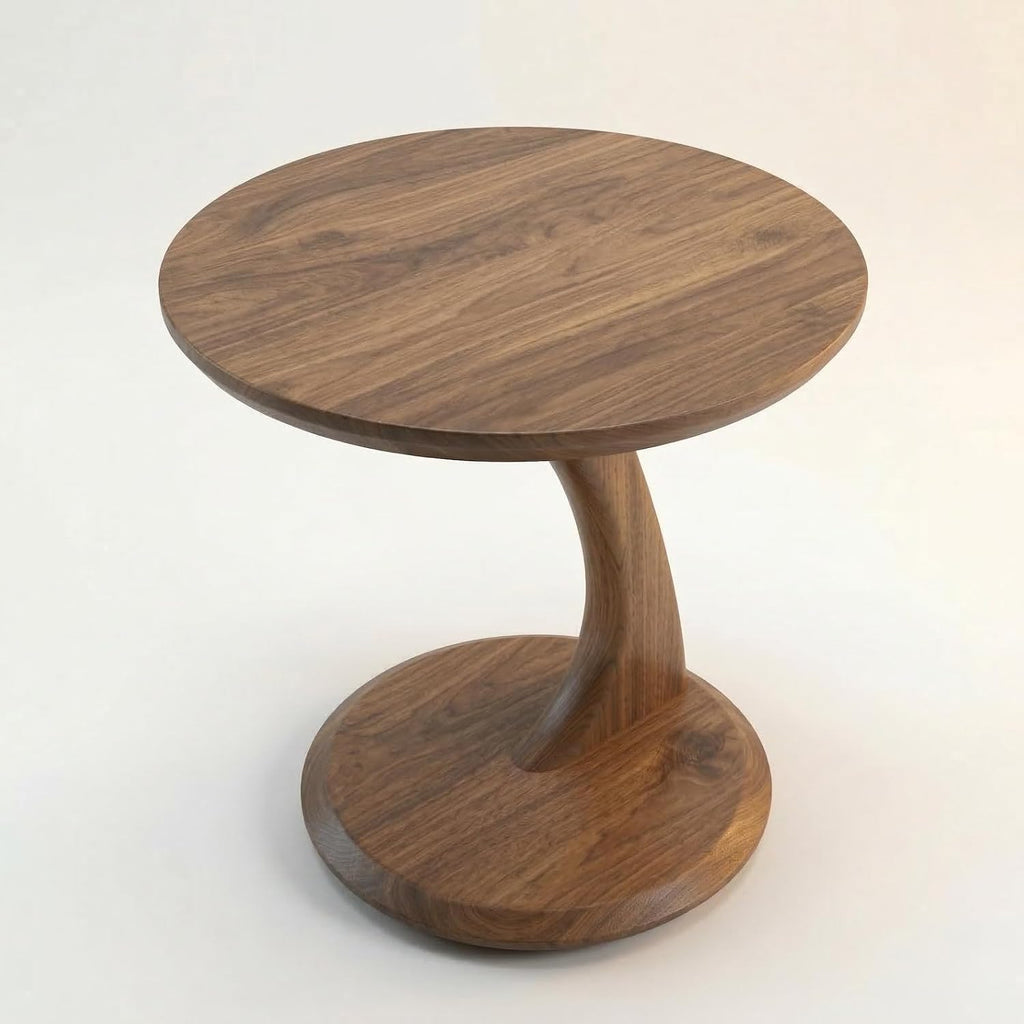 Solid Walnut Finish Sculptural Side Table | Mid-Century Modern Round Pedestal Accent Furniture