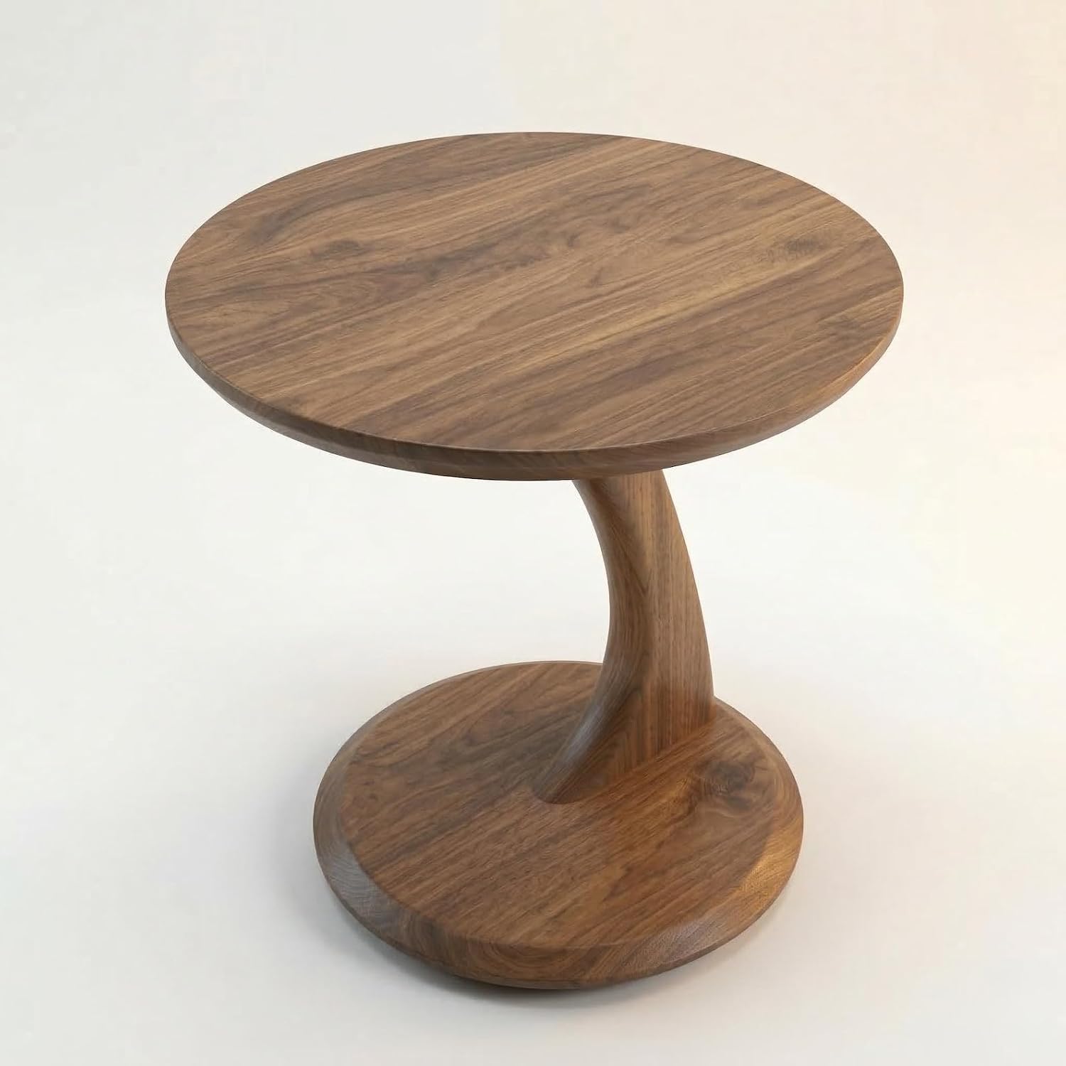 Solid Walnut Finish Sculptural Side Table | Mid-Century Modern Round Pedestal Accent Furniture