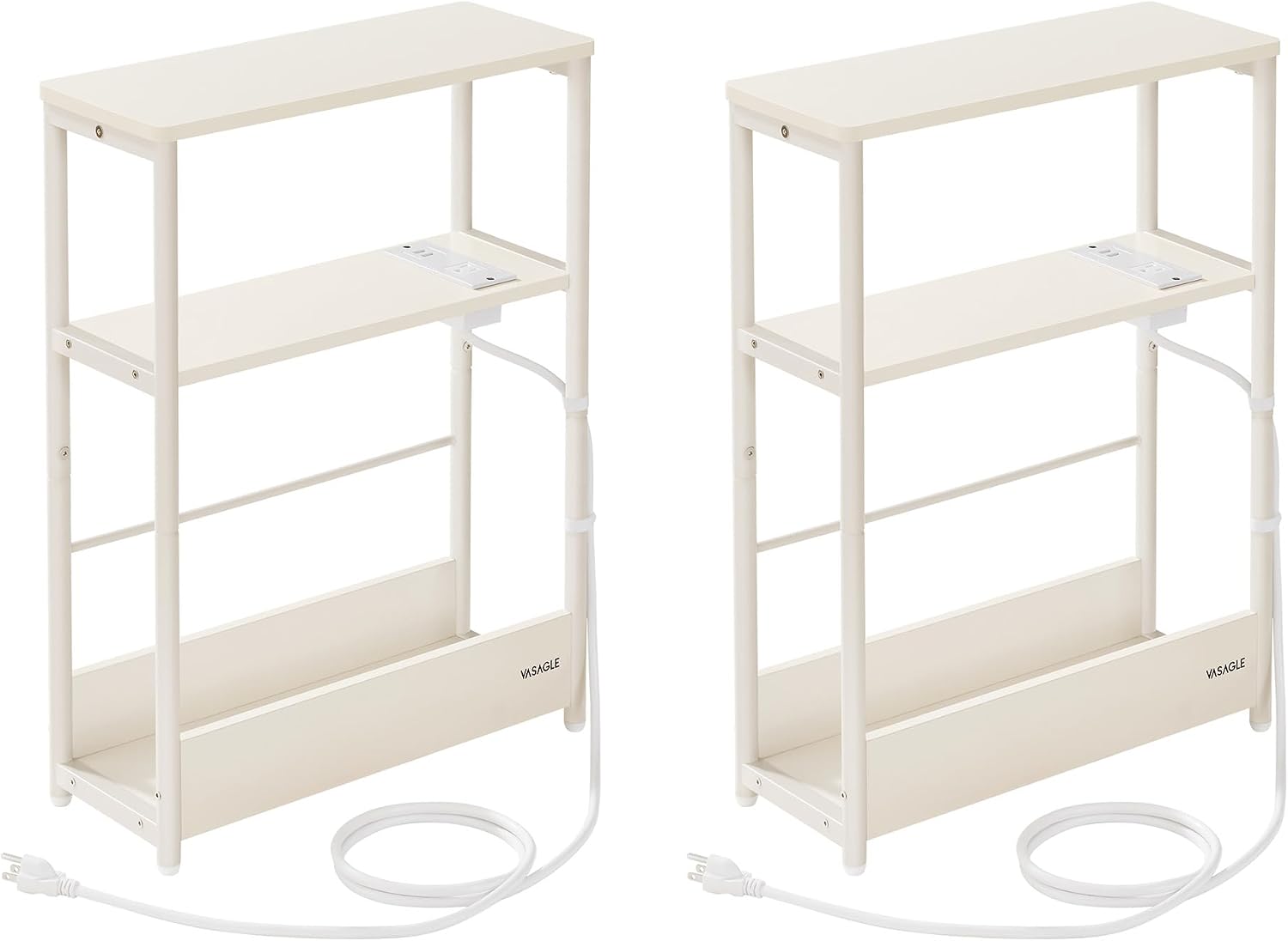 VASAGLE Side Tables with Charging Station, Set of 2 Narrow End Tables, 3-Tier Nightstands, Sofa Tables for Small Spaces, for Living Room, Bedroom, Study, Cream White ULCT664W01