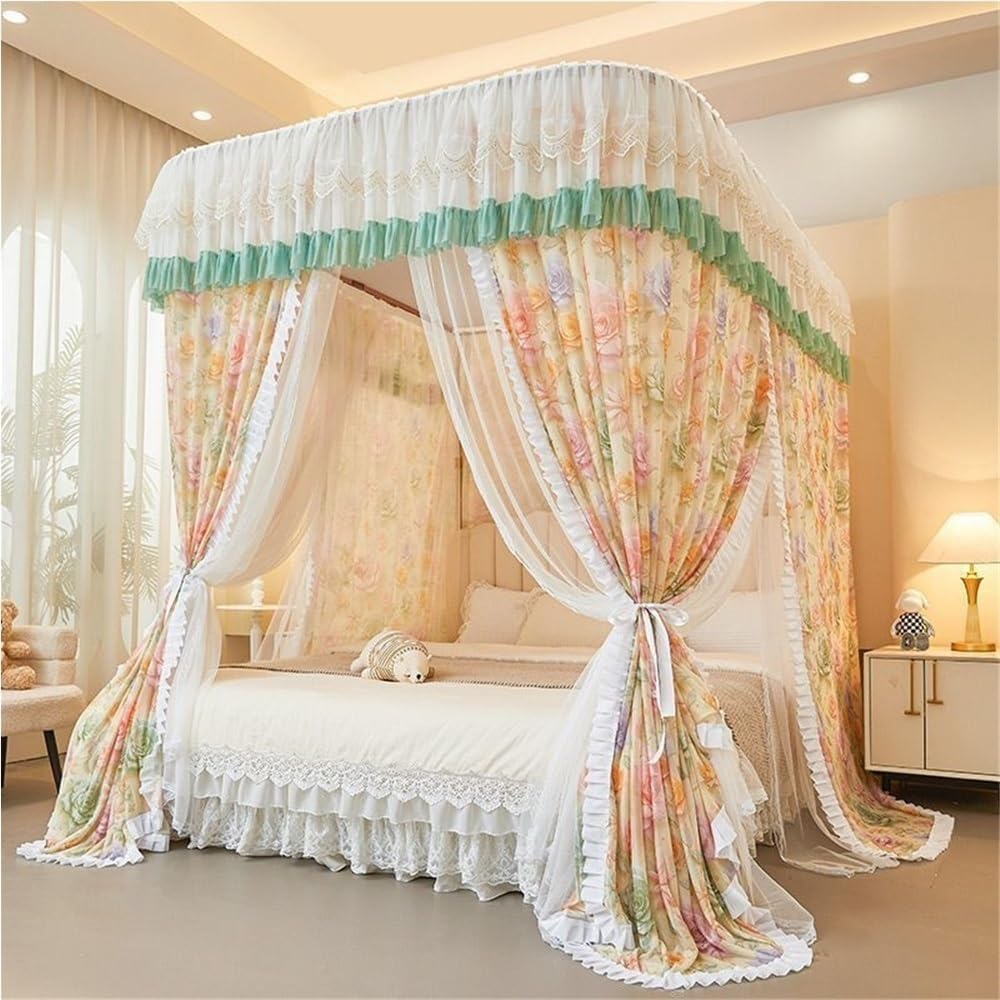 Lace Canopy Bed Curtains, U-Shaped Rail Bed Canopy with Metal Frame, Double Layer Mosquito Net Canopy for Twin Full Queen Beds, Bedroom Decor(Green,W70.9 x L86.6in)