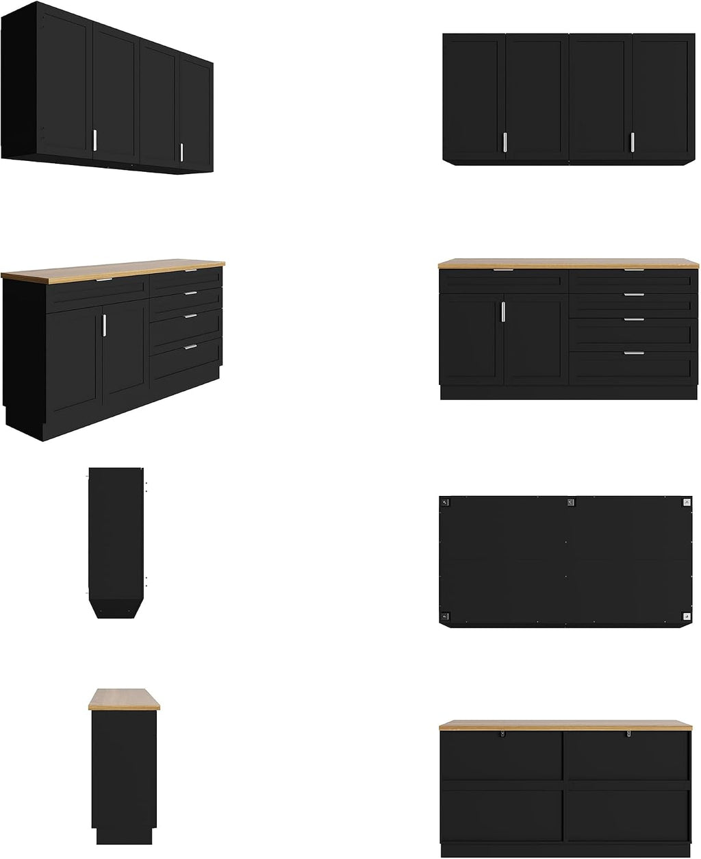 WOODTIME Wall Mounted Cabinet and Pantry with Countertop, Wooden Modern 2 Piece Kitchen Storage Cabinet with Drawers & Shelves for Dining Room Living Room, Black