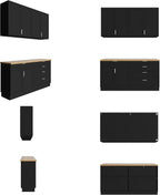WOODTIME Wall Mounted Cabinet and Pantry with Countertop, Wooden Modern 2 Piece Kitchen Storage Cabinet with Drawers & Shelves for Dining Room Living Room, Black
