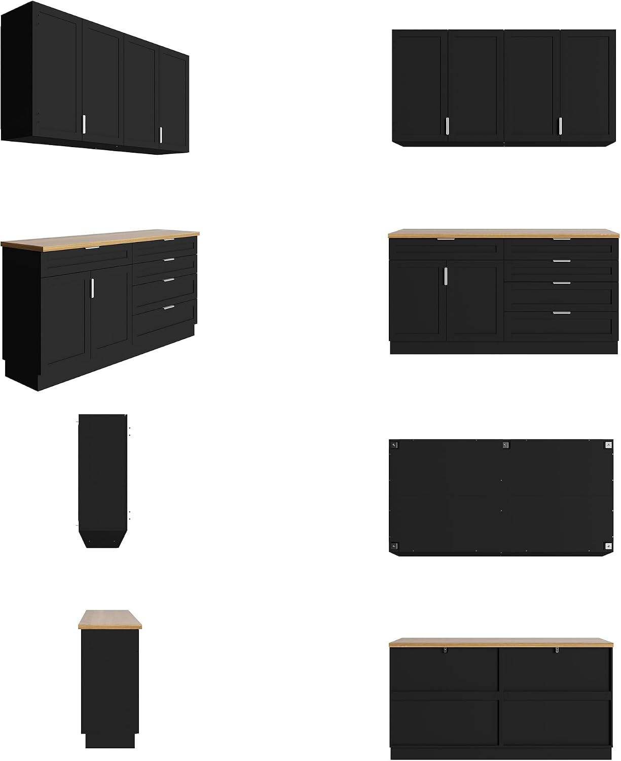 WOODTIME Wall Mounted Cabinet and Pantry with Countertop, Wooden Modern 2 Piece Kitchen Storage Cabinet with Drawers & Shelves for Dining Room Living Room, Black