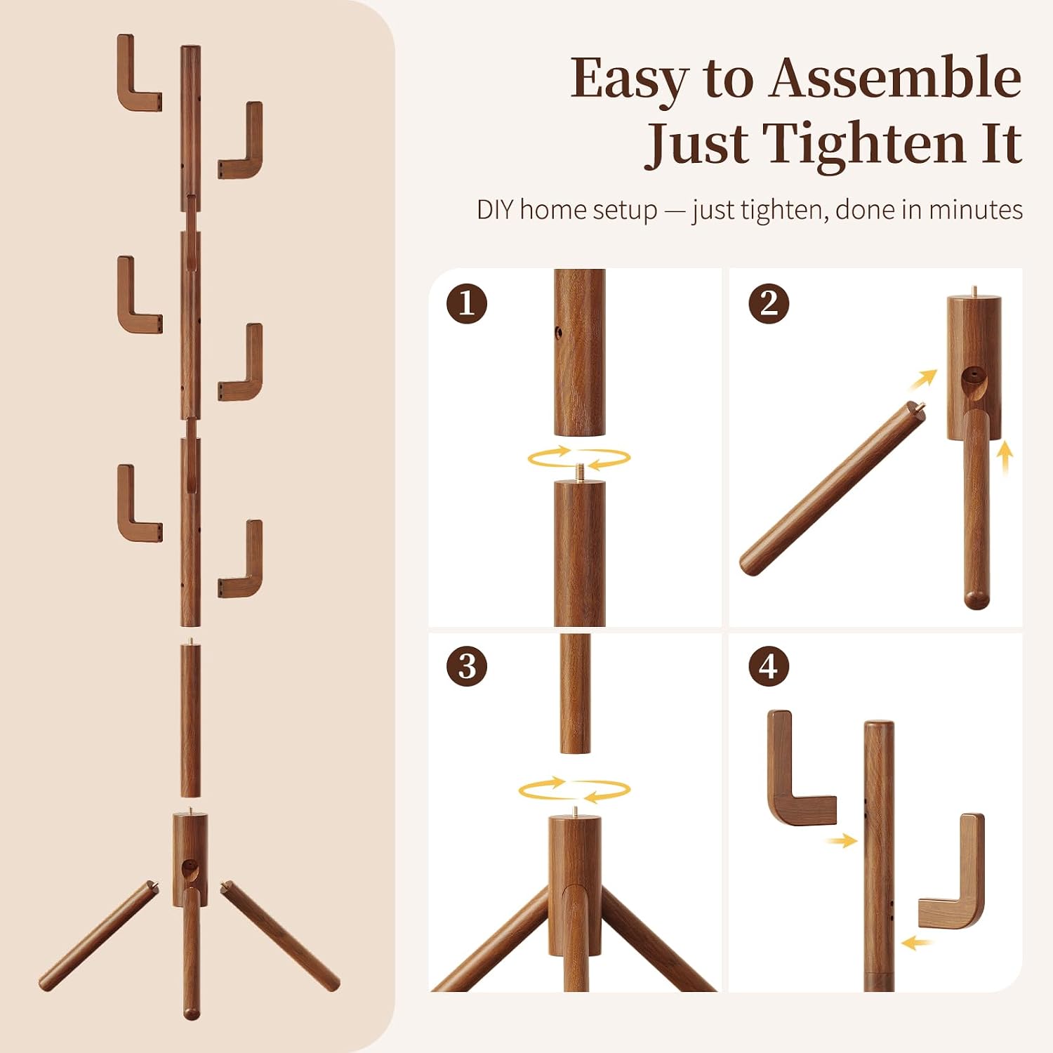 Yoobure Solid Wood Coat Rack - Cactus Coat Tree Freestanding with 8 Hooks, Coat Hanger Stand with 3 Adjustable Sizes for Jacket, Hat, Clothes Stands for Hall, Entryway, Bedroom, Office, Living Room