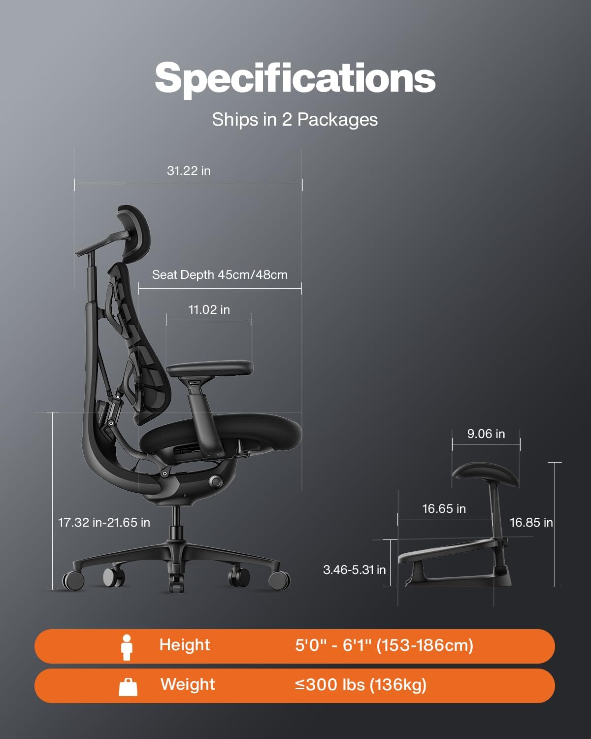 LiberNovo PRO Airflow Dynamic Ergonomic Chair with Footrest, Active Airflow Seat Ventilation, 2 Fan Speeds, Instant Cooling for Long-Lasting Comfort, 5 Recline, Built-in Spine Stretch, Graphite, 48cm
