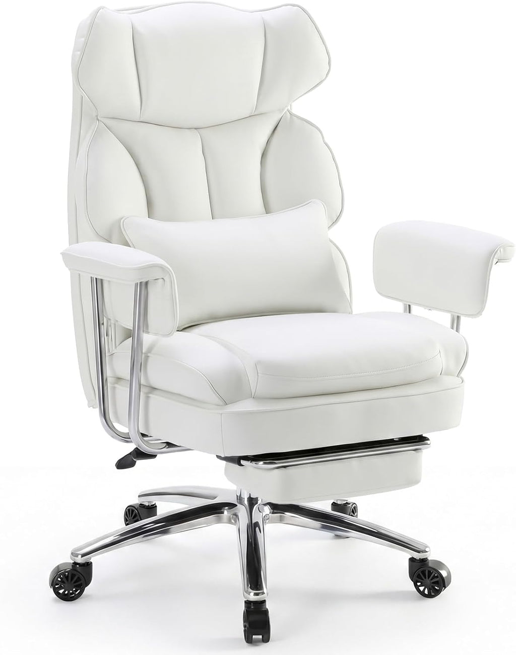 Sweetcrispy Executive Home Office Desk Chair - Ergonomic Big Tall High Back with Footrest & Lumbar Support, Reclining Height Adjustable, Comfy PU Leather Computer Gaming with Swivel Wheels, White