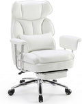 Sweetcrispy Executive Home Office Desk Chair - Ergonomic Big Tall High Back with Footrest & Lumbar Support, Reclining Height Adjustable, Comfy PU Leather Computer Gaming with Swivel Wheels, White