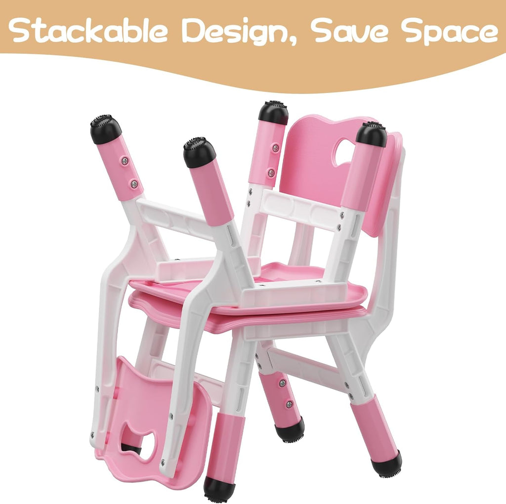 2 Pack Adjustable Kids Chair, 3 Height Levels Plastic Toddler Chair with Non-Slip Feet, 220lbs Load Capacity, Indoor Outdoor Home Kindergarten Chair for 3-8 Years Old-Pink