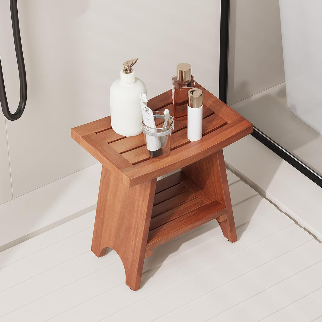 EROMMY Teak Shower Bench with Storage Shelf, 18.3" H Solid Wood Shower Stool, Water Resistant Bathroom Bench, Shower Seat and Shaving Foot Rest for Indoor & Outdoor Use