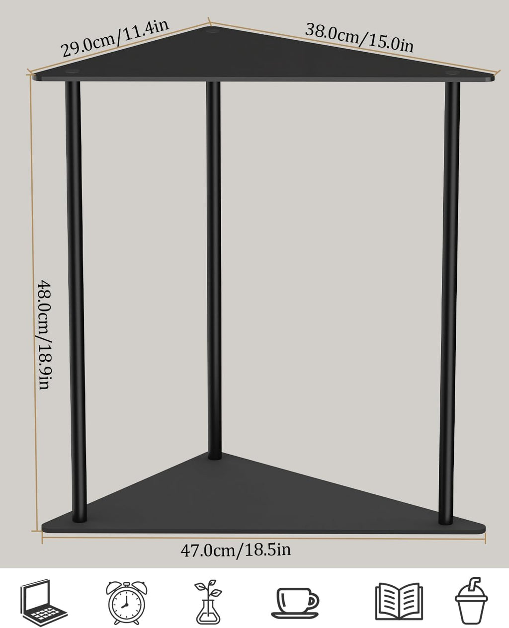 Yawinhe Metal Side Table,Triangle End Table with 2-Tier Storage Shelves,Triangular Nightstand Bedside Table for Small Spaces,Small Triangle Coffee Table for Living Rooms,Bedrooms,Black, SZJ202B-1