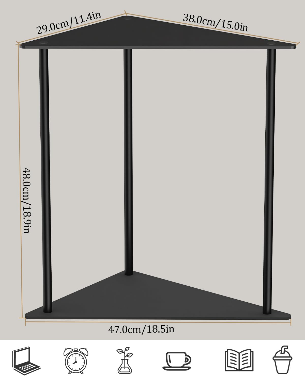 Yawinhe Metal Side Table,Triangle End Table with 2-Tier Storage Shelves,Triangular Nightstand Bedside Table for Small Spaces,Small Triangle Coffee Table for Living Rooms,Bedrooms,Black, SZJ202B-1