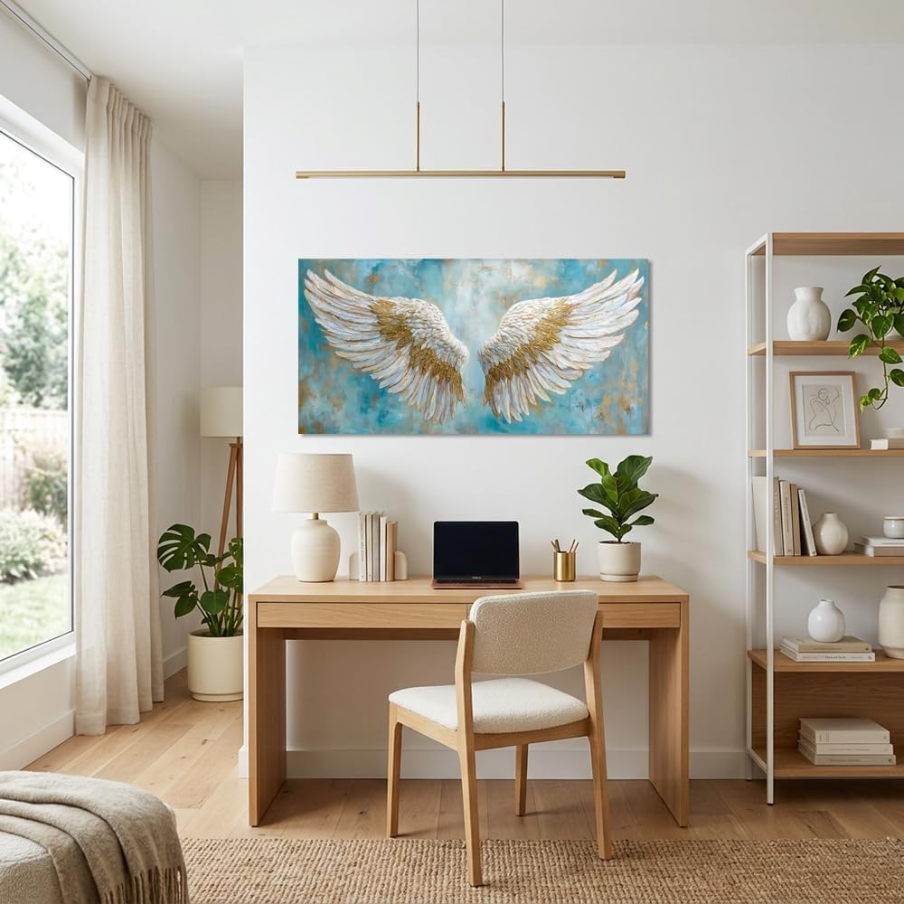 TEKMENT White Angel Wings Wall Art for Bedroom Oil Painting Canvas Prints Beautiful Blue Anime Art Deco Elegant Artwork Office Family Decor