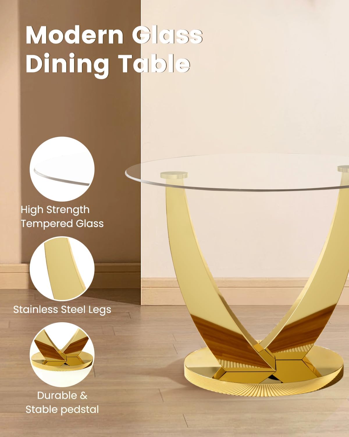 38.9" Round Glass Dining Table Set for 4, Modern Kitchen Table with 4 Upholstered Velvet Chairs, Tempered Glass Top with Golden Steel Base, 5 Pieces Dining Table Set for Small Space- Green