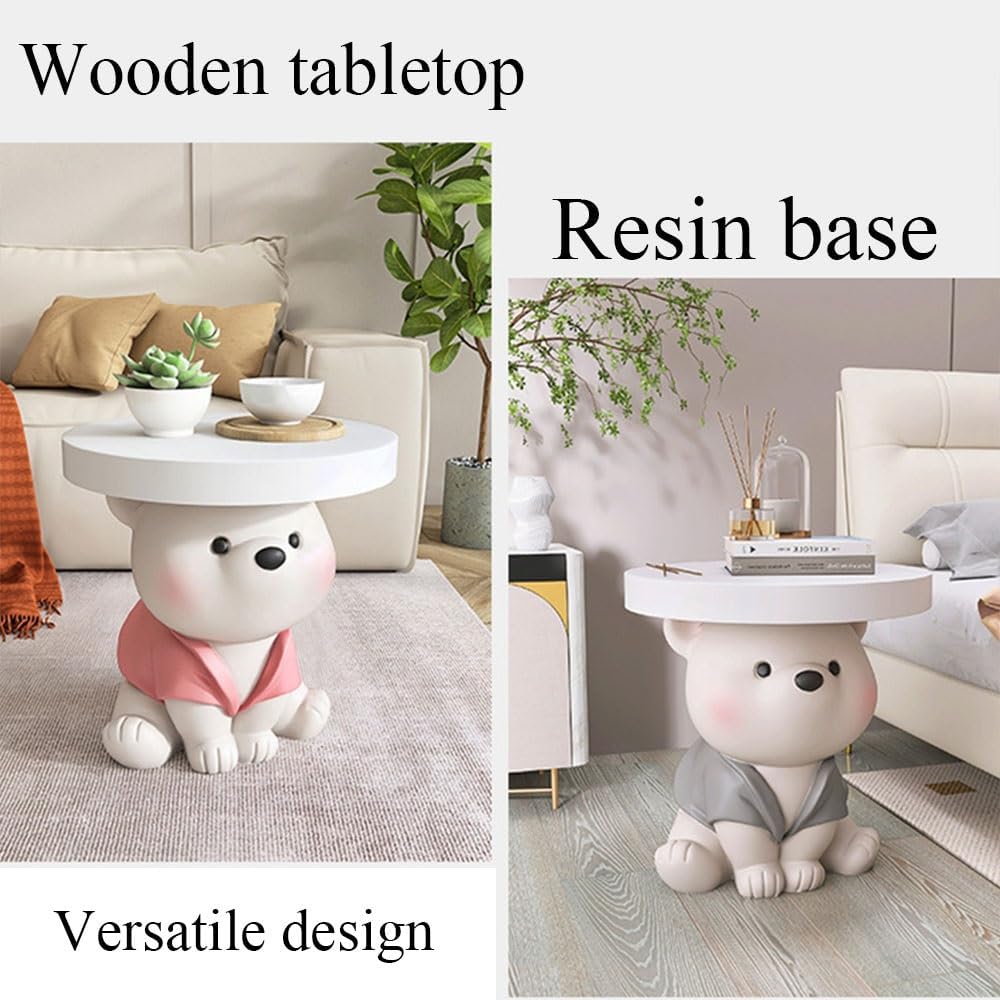 Bear Statue Side Table, Modern and Simple Resin Bedside Table, Small Accent Bear Table, Cute Home Decor for Living Room, Bedroom(Pink)