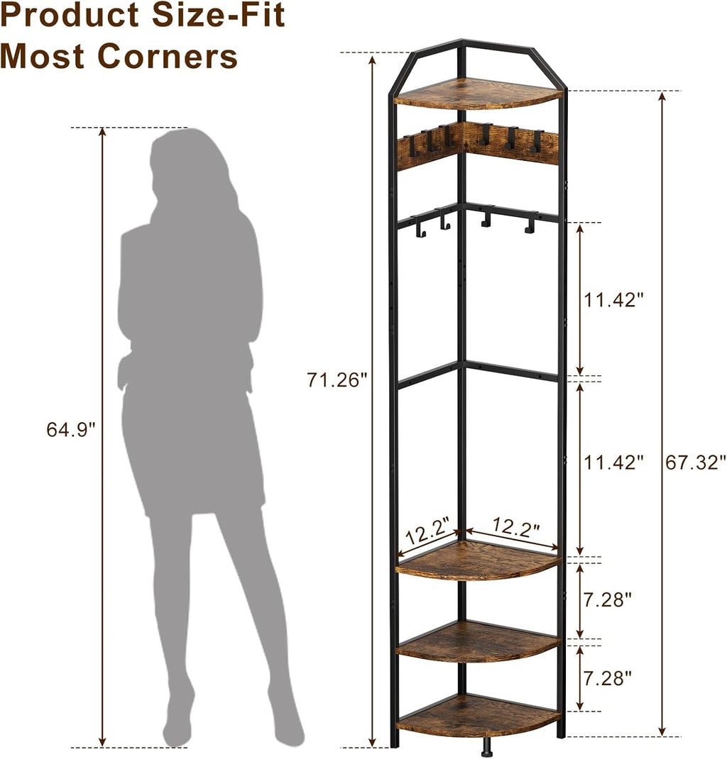 X-cosrack Corner Hall Coat Tree Freestanding with 10 Movable Hook, Shelf-Adjustable Coat Rack Stand for Purse, Hat, Bag and Shoe, Narrow for Small Space Living Room Bedroom Office Entryway Storage
