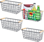 Black Metal Hanging Baskets with Handle, Wire Wall Storage Organizer with Hooks, Adhesive baskets for Kitchen, Bathroom, Pantry,Spice Rack, Cabinet Organizer, Shower Caddy 4-Pack