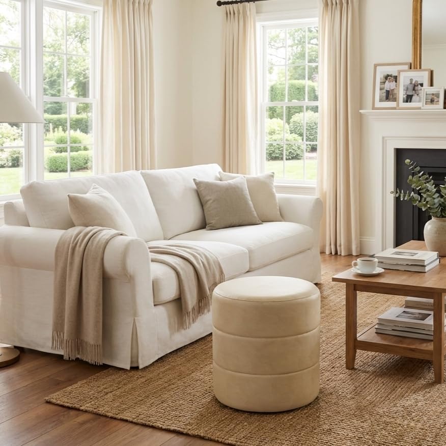 HomePop Upholstered Faux Leather Round Ottoman (No Lid, Seat Only) | HomePop Home Décor | Round Pouf Foot Rest – Cream Faux Leather