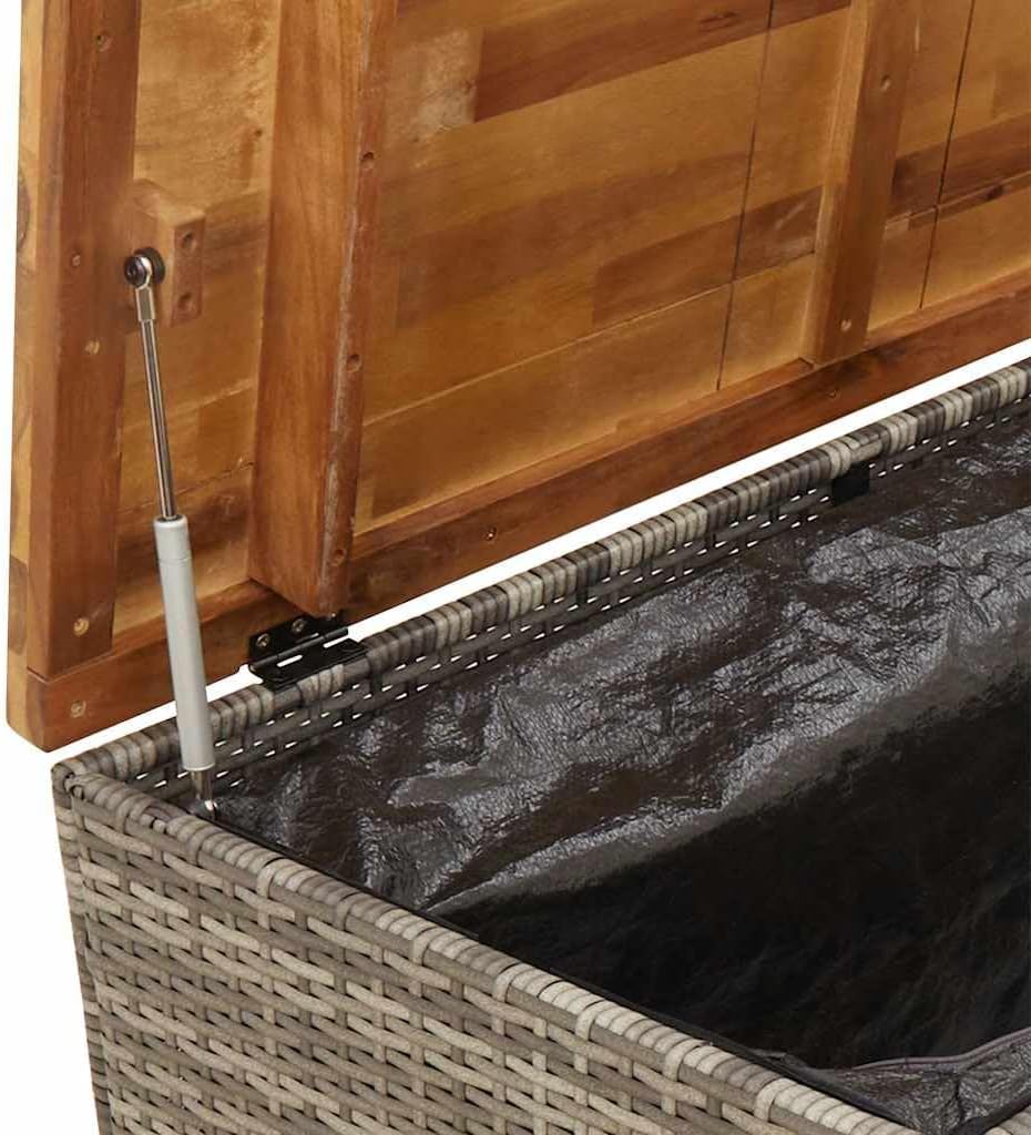 Poly Rattan Garden Storage Box with Waterproof Bag, 43.3x21.7x24.8 Inch Outdoor Storage Bench, Patio Box Gray with Acacia Wood Top